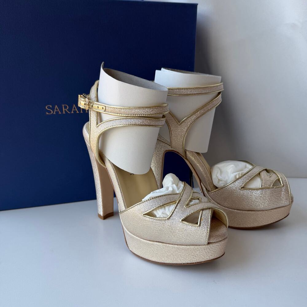 Sarah Flint (7.5/37.5) Perfect Mihaela 120 Champagne Lamé Platform Sandal Heels